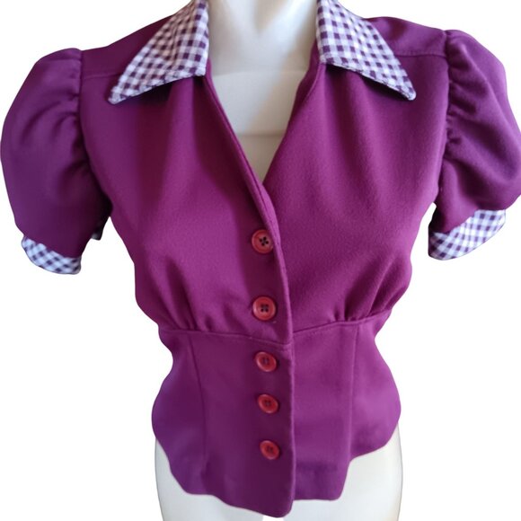 Vintage Medium Women's Top Puff Sleeves Texas Purple Blouse Gingham Collar Crop - Picture 1 of 5